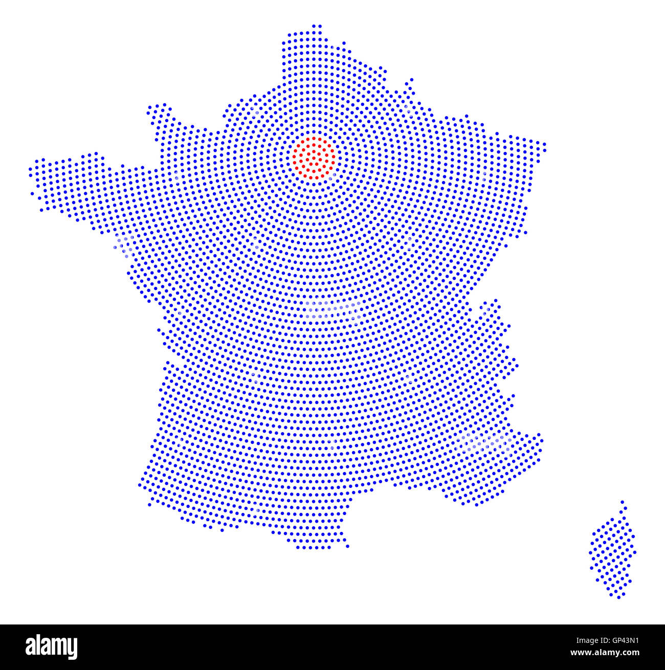 Frankreich-Karte radial Punktmuster. Blaue Punkte gehen von der Hauptstadt Paris nach außen und die Sechseck-Silhouette aus Frankreich. Stockfoto