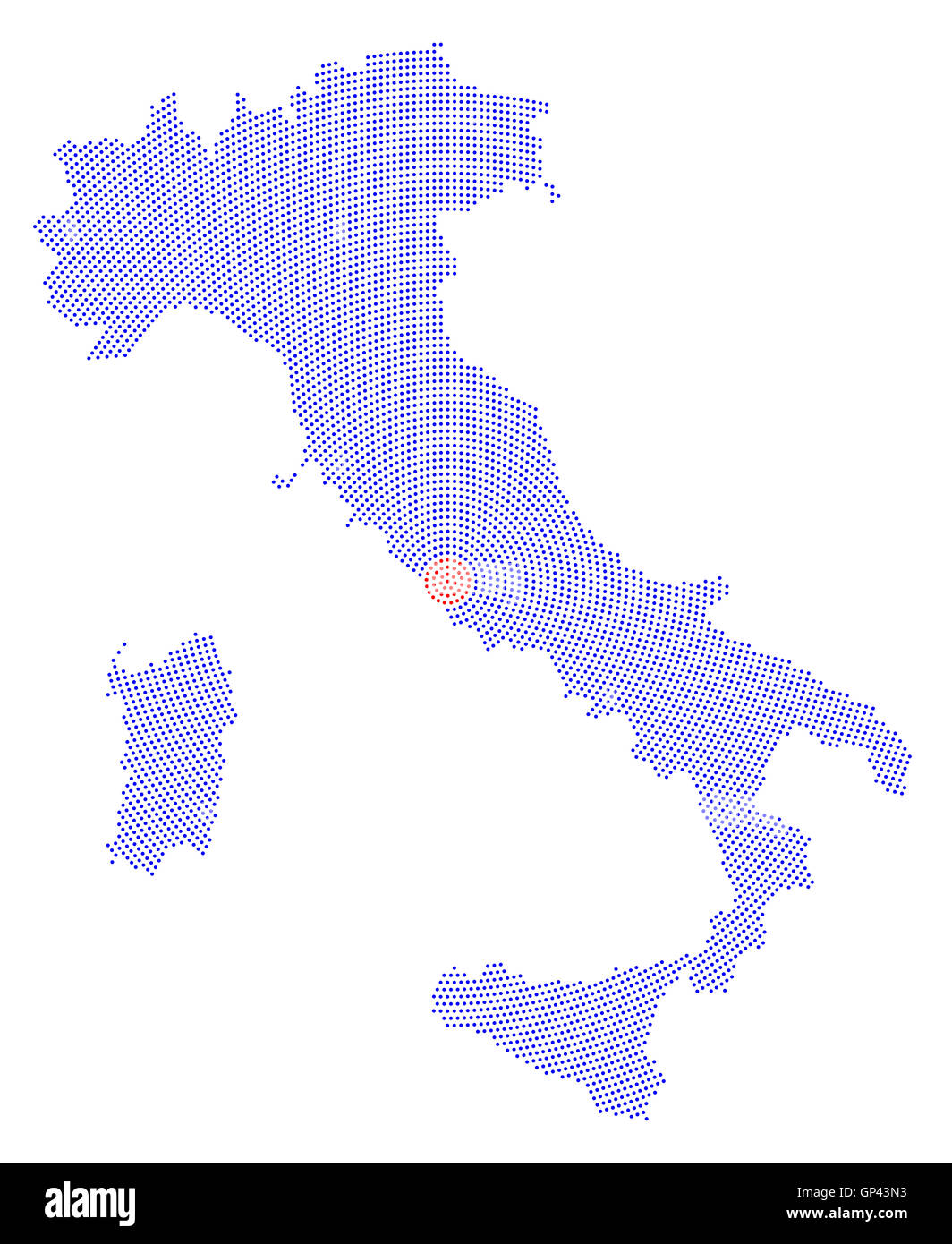 Italien Karte radial Punktmuster. Blaue Punkte gehen von der Hauptstadt Rom nach außen und bilden die Boot-Silhouette des Landes. Stockfoto