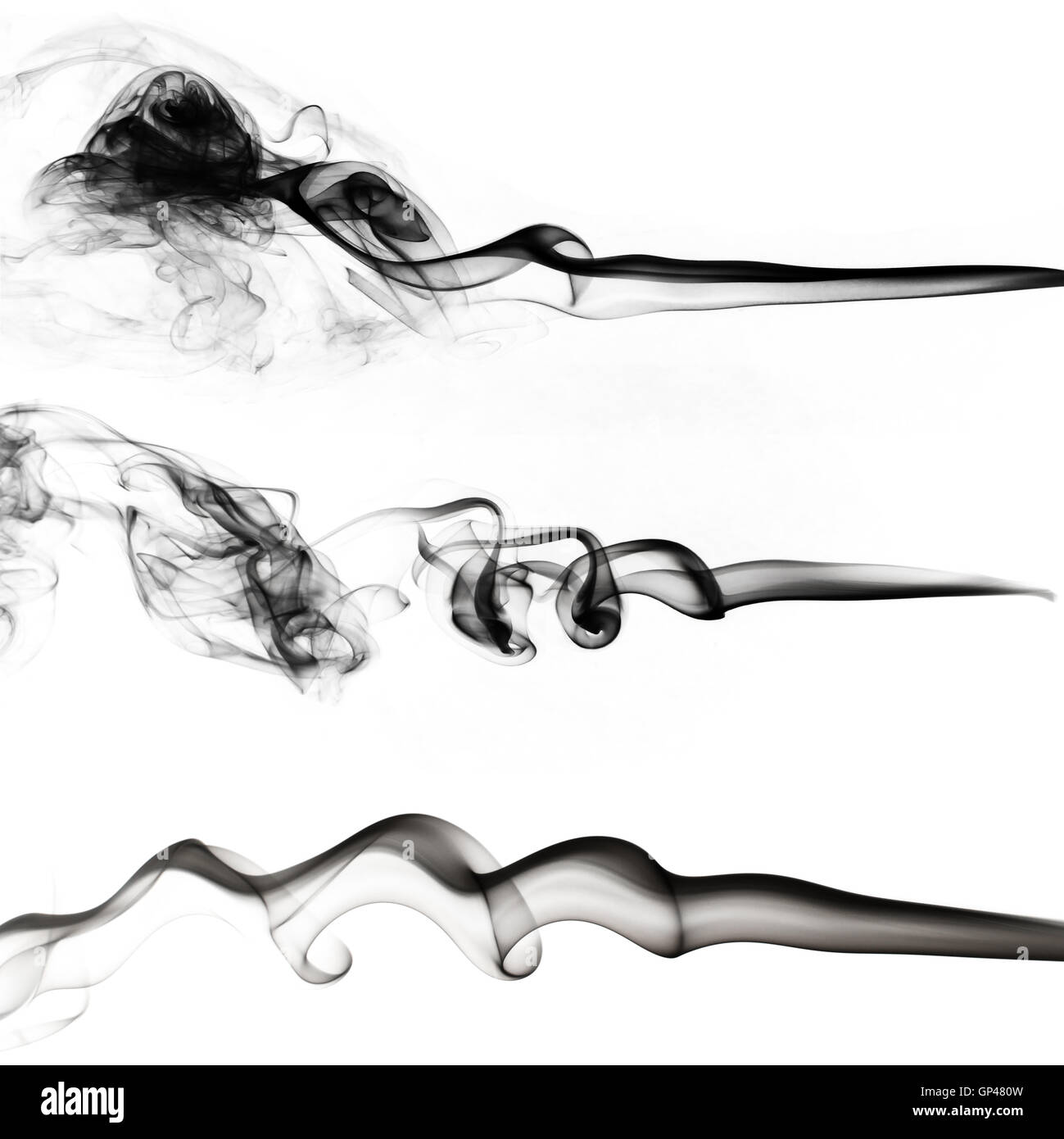 schwarzer Rauch Sammlung auf weißem Hintergrund Stockfoto