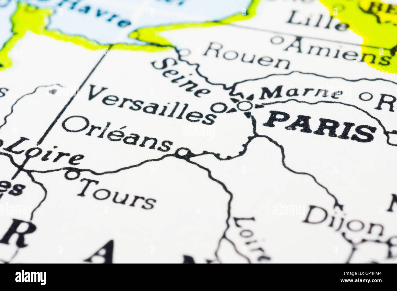 Nahaufnahme von Paris auf Karte, Frankreich Stockfoto