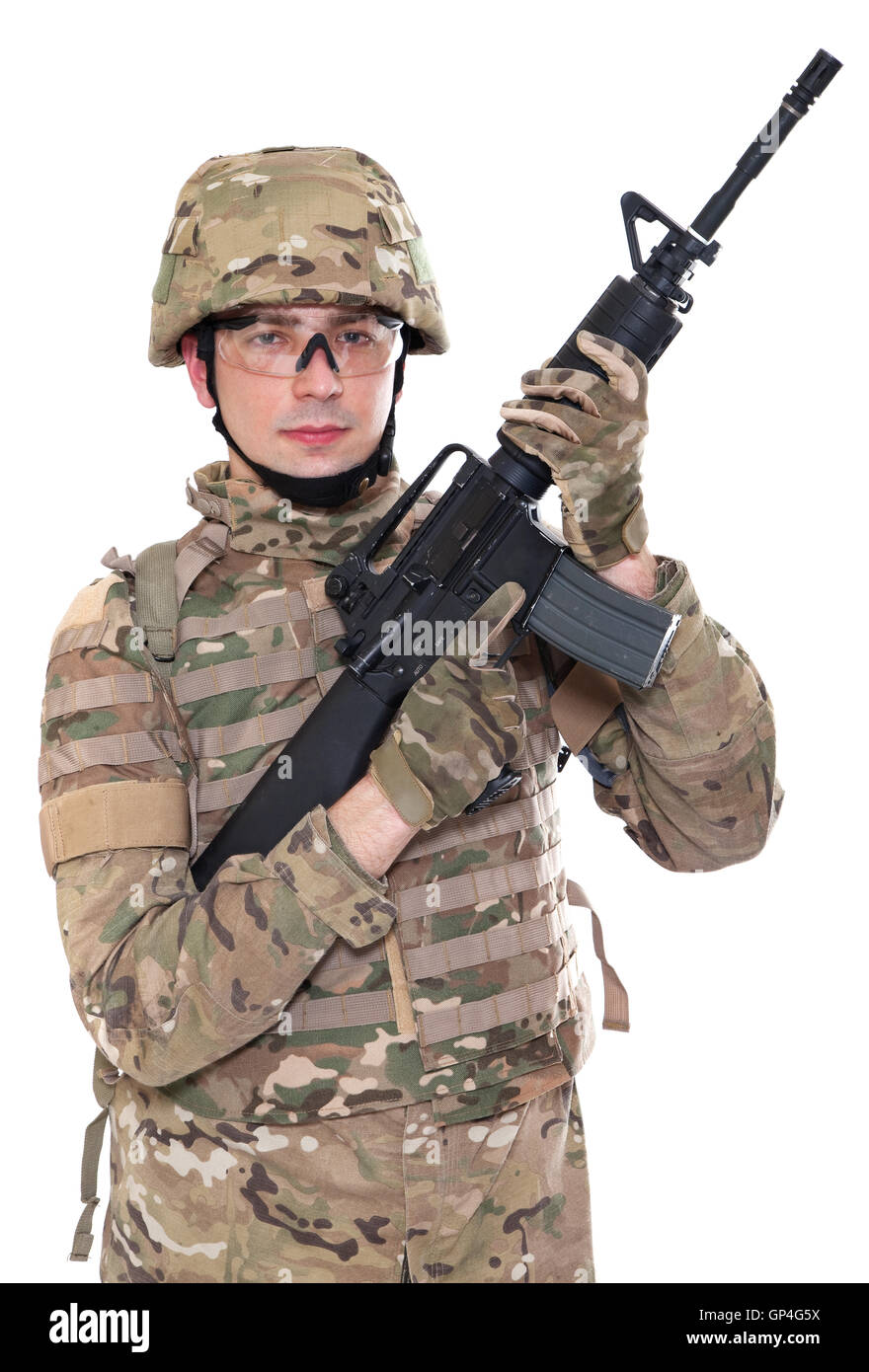 Moderner Soldat mit Gewehr Stockfoto