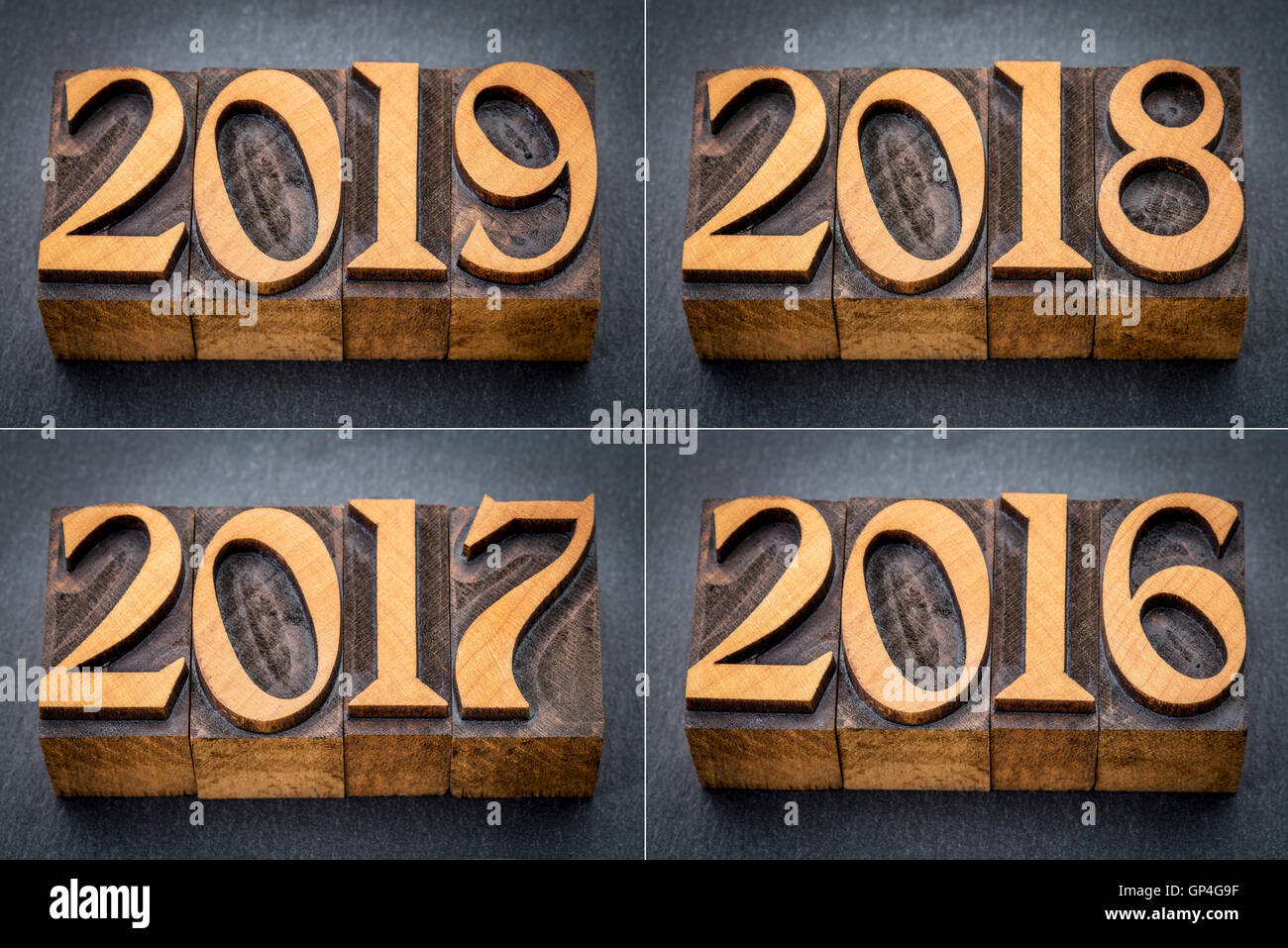 2016, 2017, 2018 und 2019 Jahresserie - Text im Buchdruck Holzart gegen graue Schiefer Stockfoto