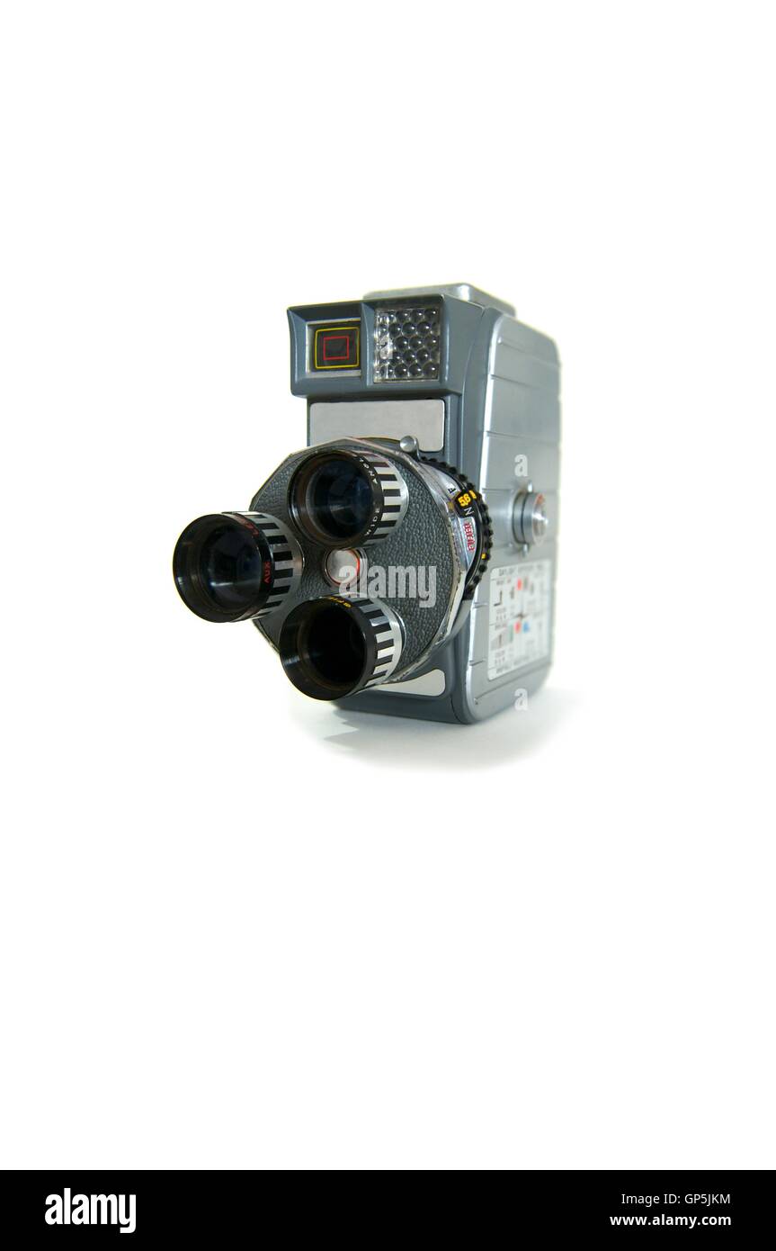 Retro-8mm Filmkamera mit drei Objektiven auf Winkel Stockfoto
