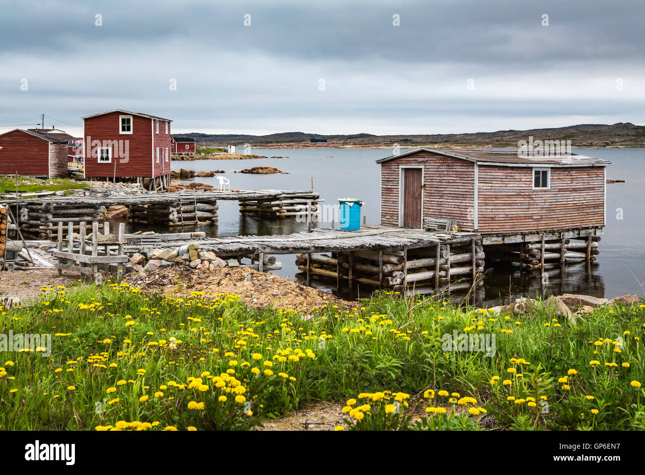 Angelboote/Fischerboote und Stufen in den Hafen von Joe Batts Arm-Barr'd Inseln Shoal Bay, Neufundland und Labrador, Kanada. Stockfoto