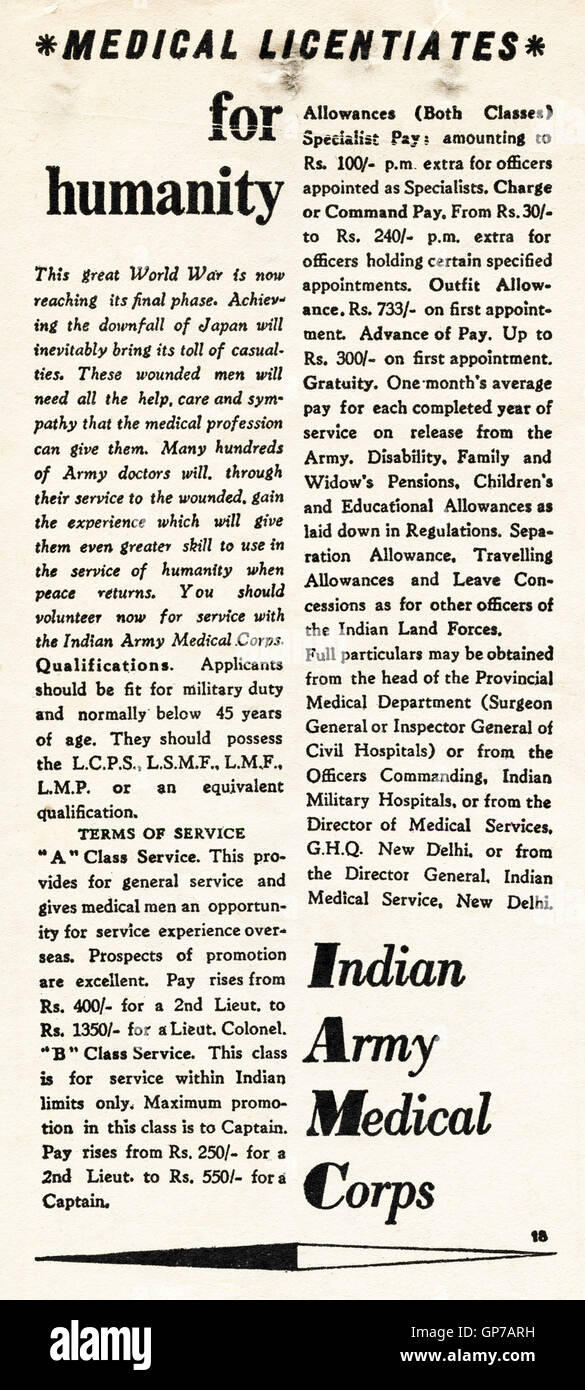 Werbung Werbung Indian Army Medical Corps original alten Vintage Anzeige aus englischsprachiges Magazin in Indien vom 1945 veröffentlicht Stockfoto