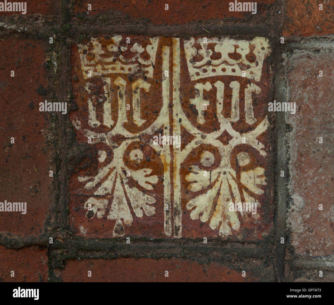 Mittelalterliche Bodenfliese in kleinen Malvern Priory, Worcestershire, England, UK Stockfoto