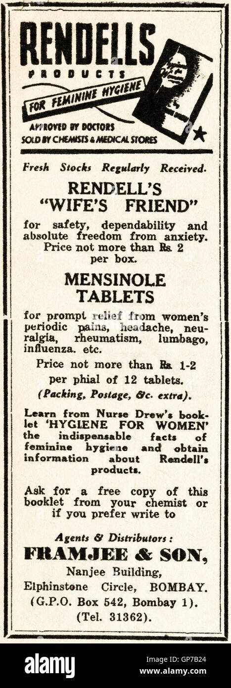 Werbung Werbung Rendells Produkte für weibliche Hygiene durch Framjee & Sohn des ursprünglichen alten Vintage Bombay Anzeige von englischsprachiges Magazin in Indien vom 1945 veröffentlicht Stockfoto