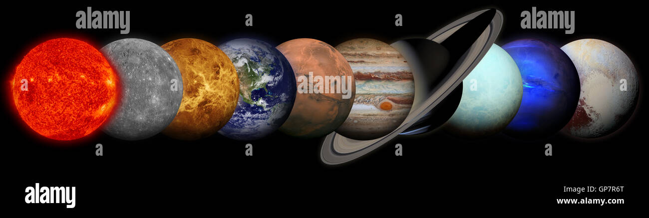 Solar-System. Planeten auf schwarzem Hintergrund. Sonne, Merkur, Venus, Erde, Mars, Jupiter, Saturn, Uranus, Neptun, Pluto. O Elemente Stockfoto