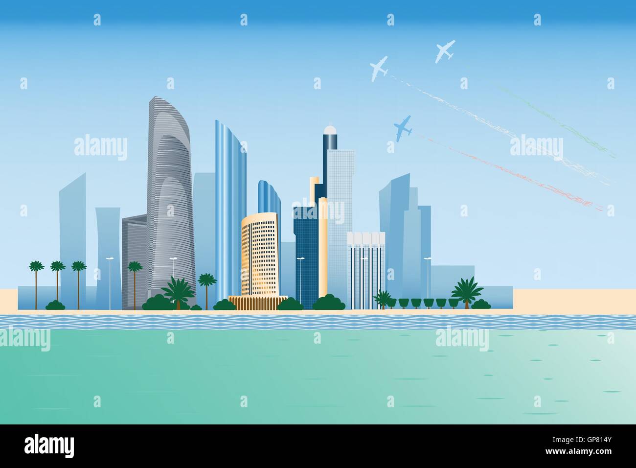 Abu Dhabi Stadt mit Wolkenkratzern und Flugzeuge, die Durchführung von Kunstflug-Vektor-illustration Stock Vektor