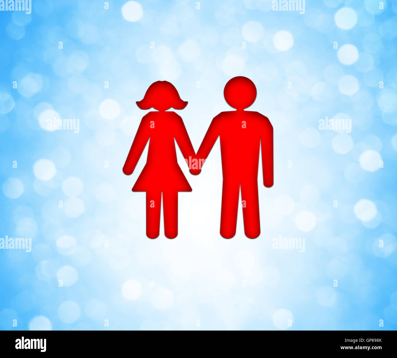 Glückliches Paar-Symbol über einem blauen Bokeh-Hintergrund. Paar Stand zusammenhält, Hände, Beziehung und Zweisamkeit Stockfoto
