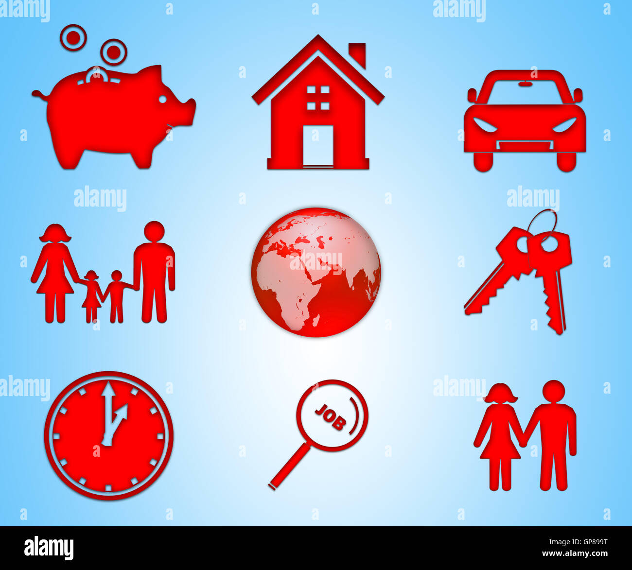 Icon-Set des modernen Lebens Werte. Familie, Zeit, Haus, Geld, Immobilien Konzepte Stockfoto