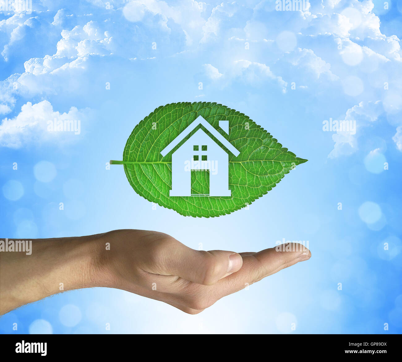 Hand hält ein grünes Blatt mit einem Haus-Symbol im Inneren auf blauen Himmelshintergrund geöffnet. Öko-Haus-Konzept Stockfoto
