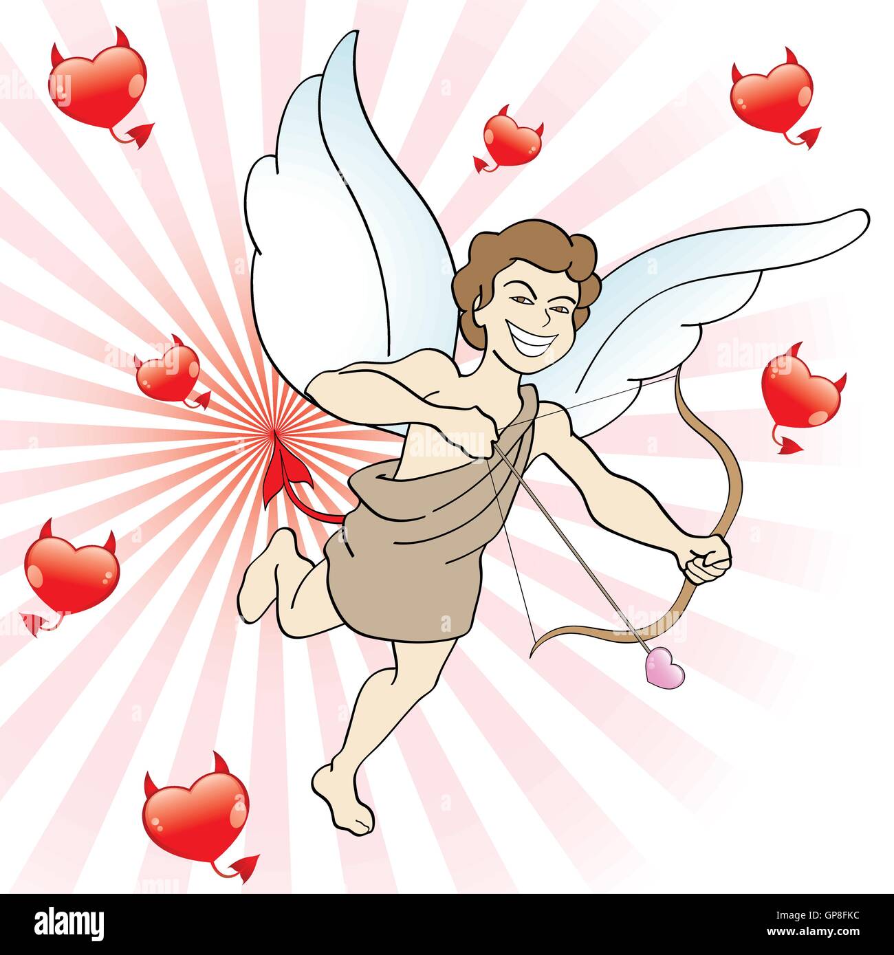 Böse Eros weist seinen Pfeil und Bogen mit bösen Herzen Stock Vektor