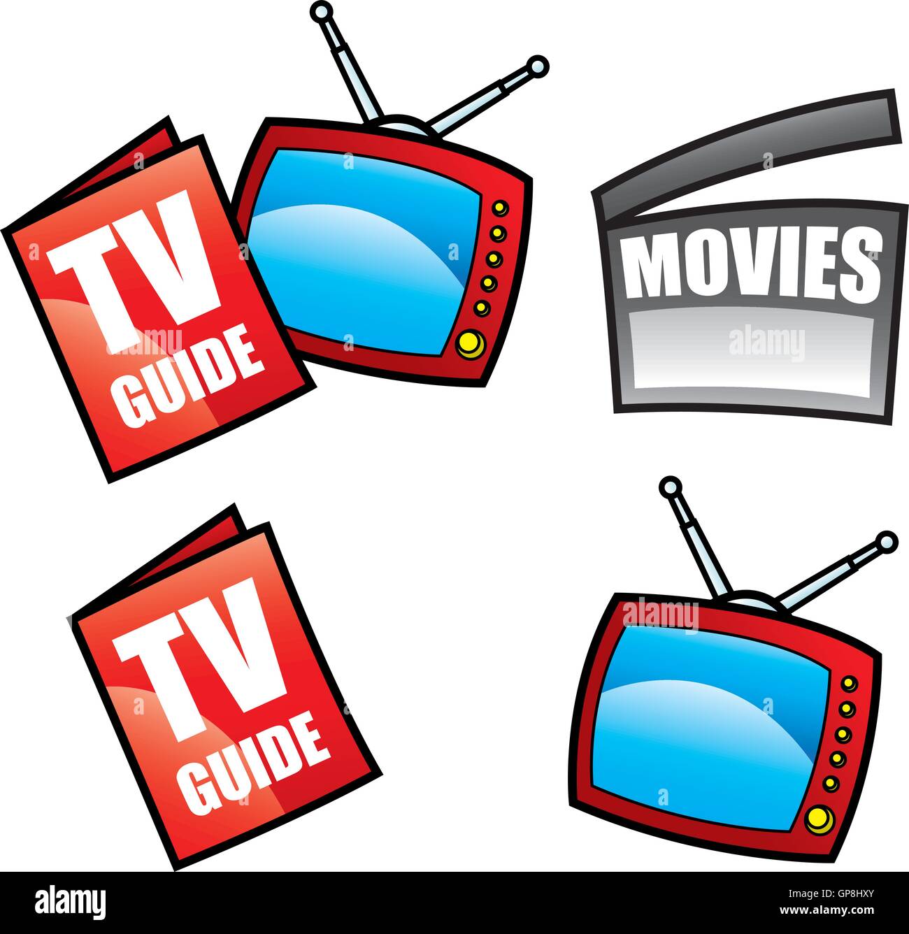 TV Guide, Fernsehen und visuelle Medienobjekte isoliert auf weiss Stock Vektor