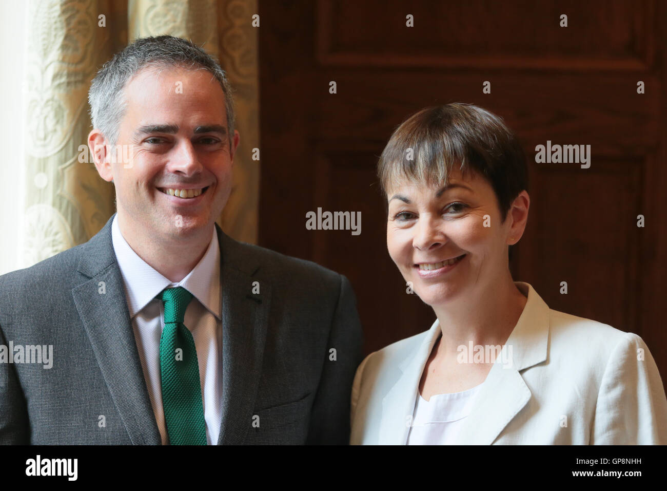 Jonathan Bartley und Caroline Lucas die Co Staats-und der Green Party of England and Wales UK auf dem Parteitag 2016 Stockfoto