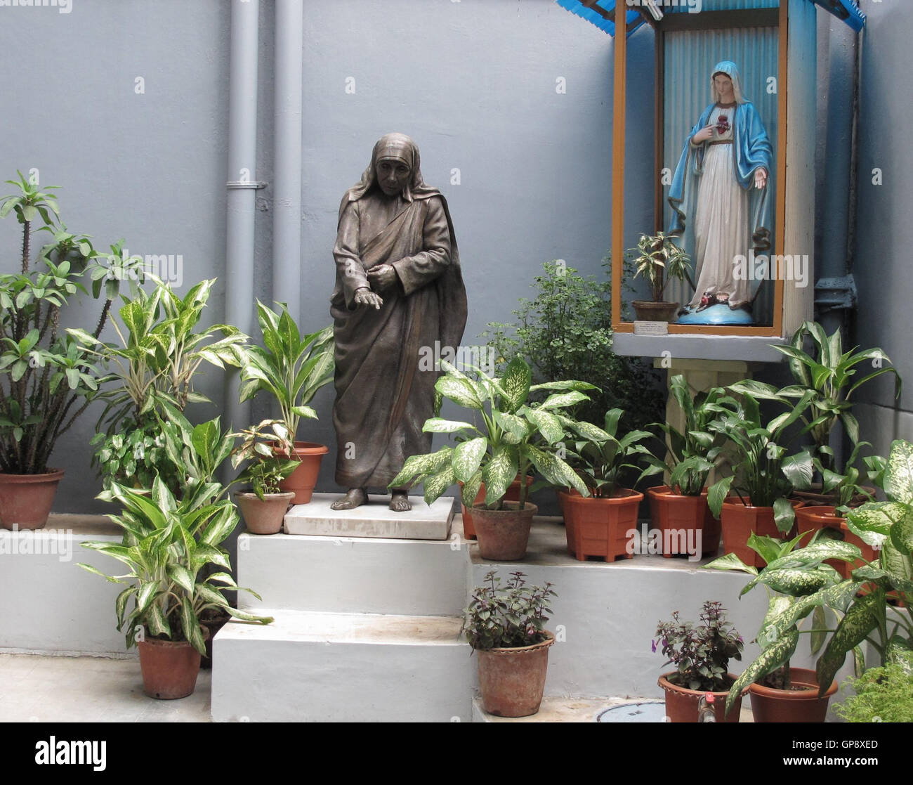 Kolkata, Indien. 2. Sep, 2016. Eine Statue von Mutter Teresa vor dem Eingang zum Hauptgebäude der Missionarinnen der Nächstenliebe in Kalkutta, Indien, 2. September 2016. Mutter Teresa, die 1997 starb, gründete die Kongregation in 1950. Foto: STEFAN MAUER/DPA/Alamy Live-Nachrichten Stockfoto