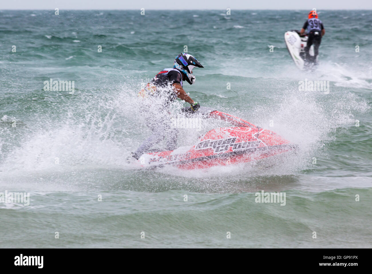 Bournemouth, Dorset, UK. 3. September 2016. Grand Prix von das Meer in Bournemouth – die Aqua X Jetski Meisterschaften mit Jet-Ski racing, Reiter Vorbereitung zum Kampf für nationale Titel in die letzte Meisterschaft Runden. Bildnachweis: Carolyn Jenkins/Alamy Live-Nachrichten Stockfoto