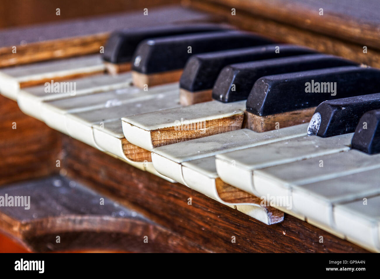 Nahaufnahme der Schlüssel auf der Orgel in Severalls Kapelle, Colchester Essex, UK Stockfoto