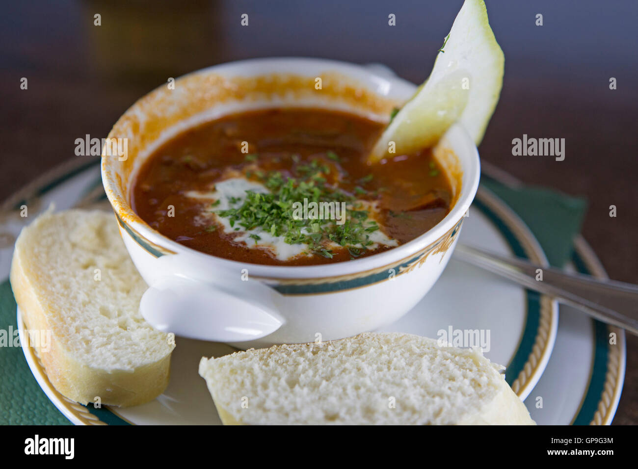 Eine Schüssel Soljanka Suppe serviert in Dresden, Deutschland. Das Gericht hat russische Wurzeln. Stockfoto