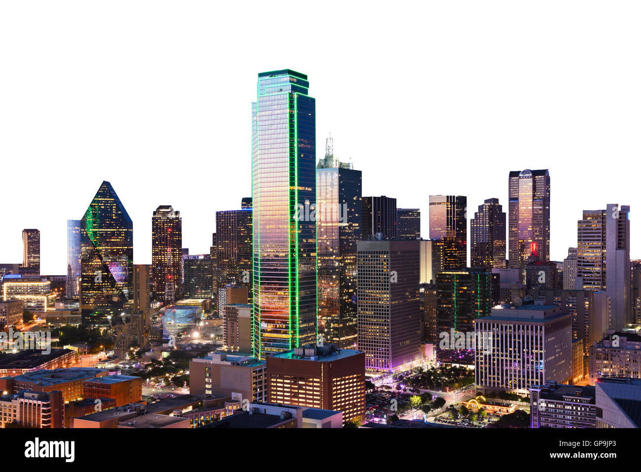 Dallas Skyline der Stadt in der Dämmerung, Sonnenuntergang. Dallas Texas Innenstadt, Business-Center. Gewerbegebiet in Großstadt. Blick auf die Stadt Dallas aus Stockfoto