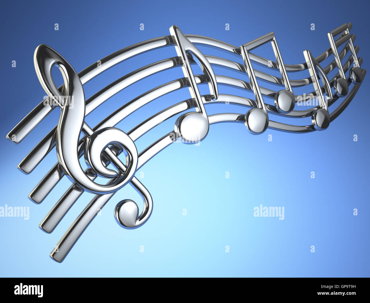 Silber, Musiknoten und Violinschlüssel auf musikalische Saiten auf blauem Hintergrund. 3D illustration Stockfoto