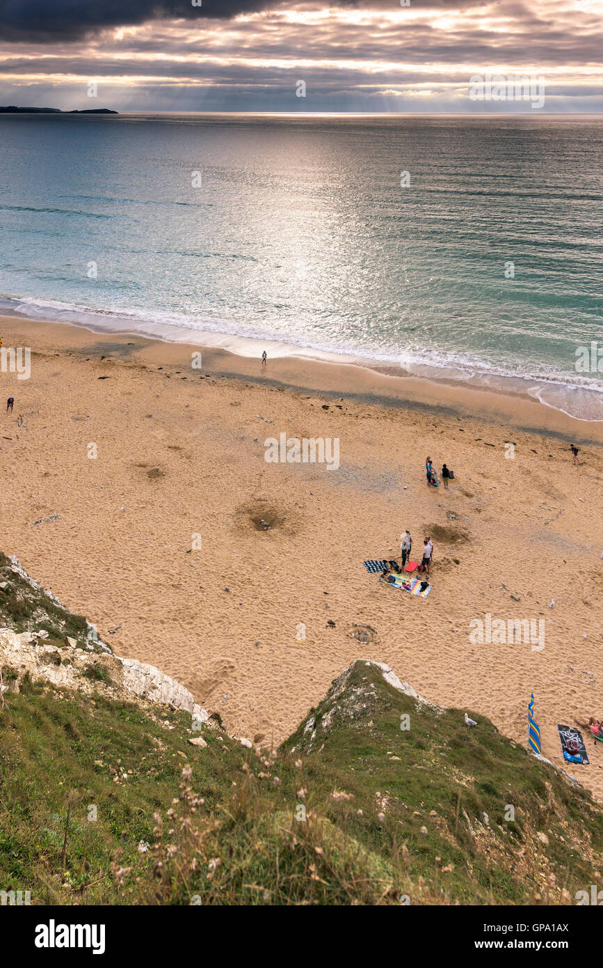 Der Strand von Watergate Bay in Cornwall. Stockfoto