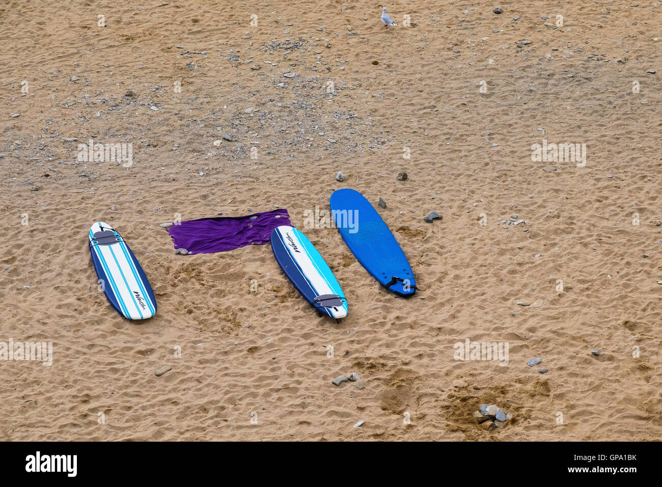 Drei Surfbretter und ein lila Handtuch am Strand von Watergate Bay in Cornwall. Stockfoto