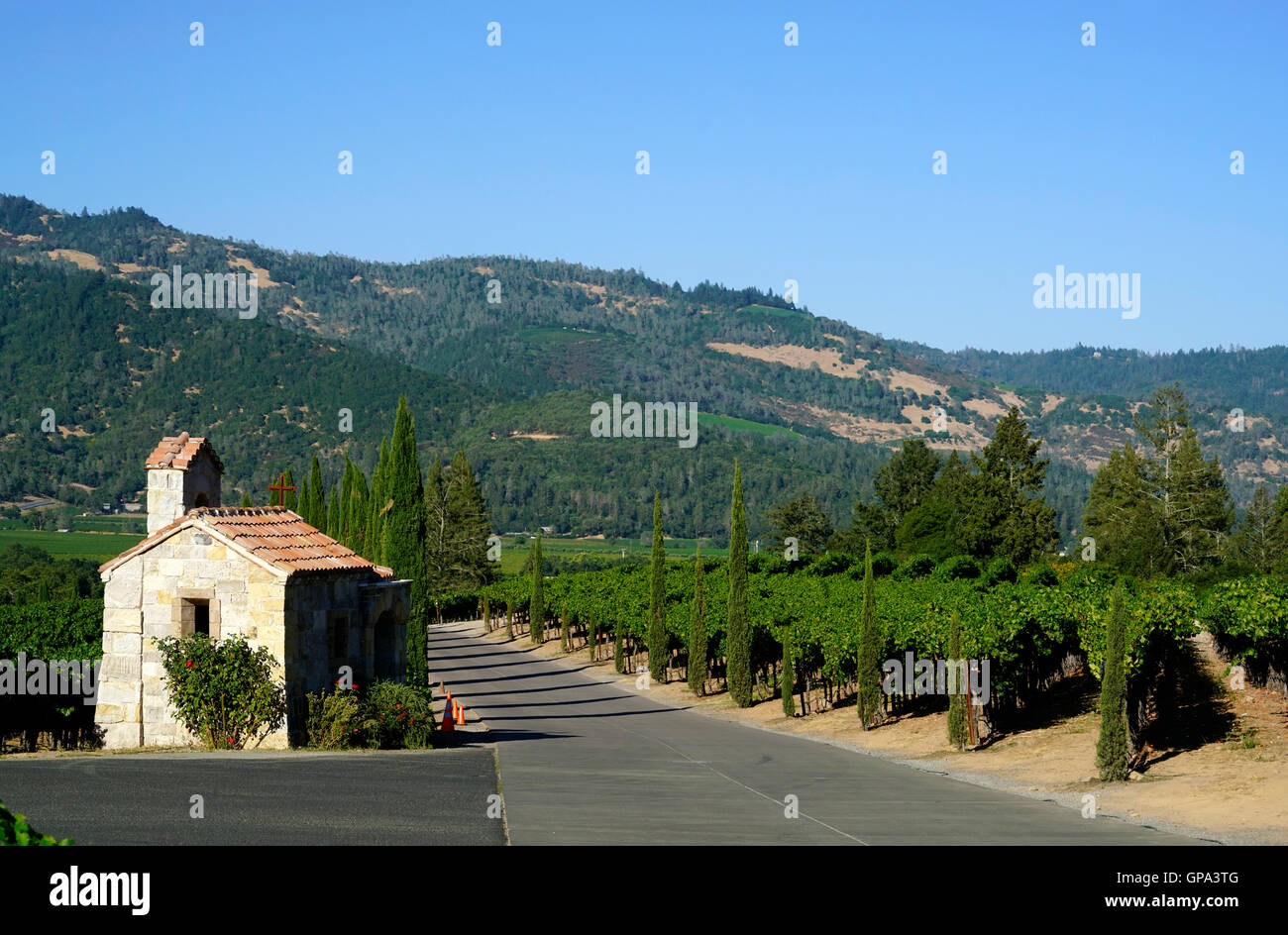 Kleine steinerne Kapelle und Weingut Castello di Amorosa Winery.Calistoga,Napa Valley.California,USA Stockfoto