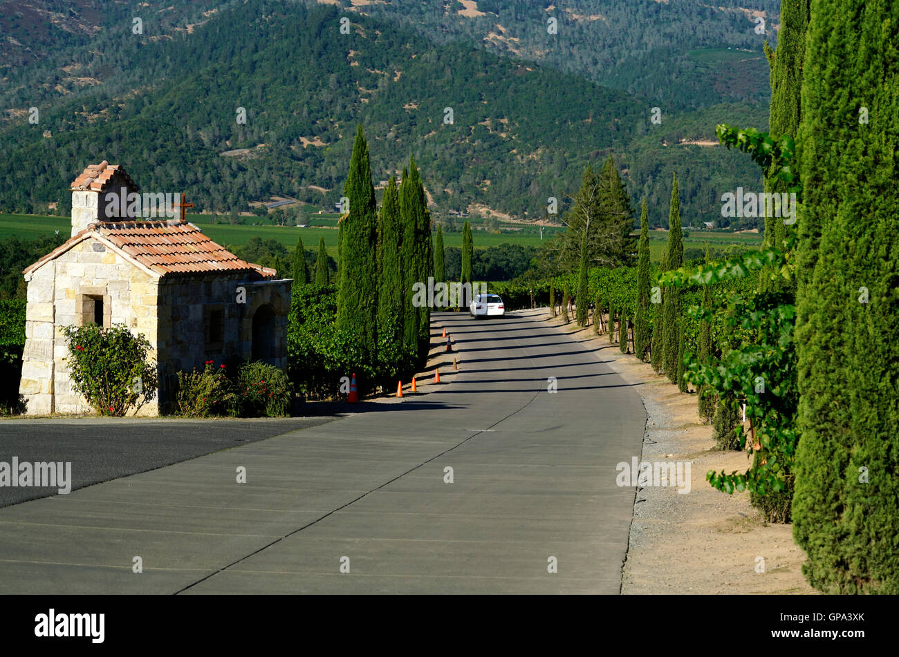 Kleine steinerne Kapelle und Weingut Castello di Amorosa Winery.Calistoga,Napa Valley.California,USA Stockfoto