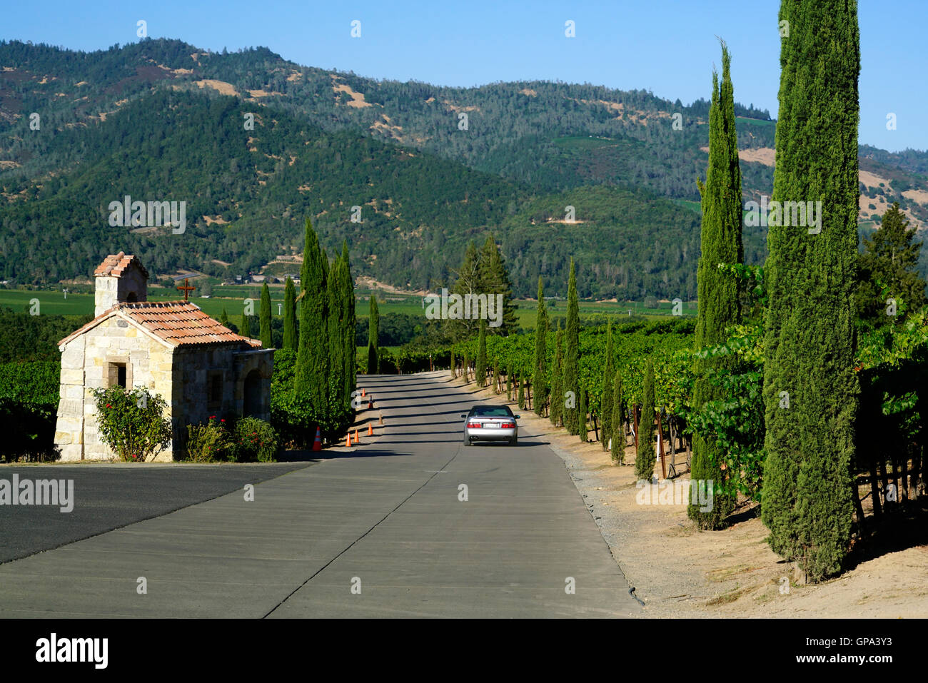 Kleine steinerne Kapelle und Weingut Castello di Amorosa Winery.Calistoga,Napa Valley.California,USA Stockfoto