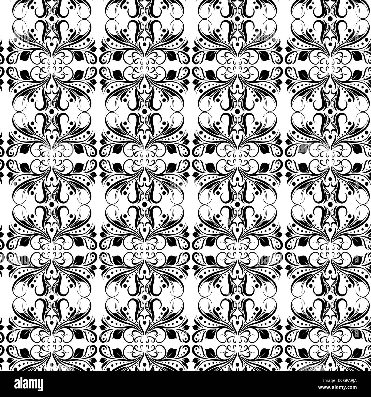 Dekorative nahtlose floralen Vektormuster mit schwarzen floralen Elementen von Blättern und Blüten auf dem weißen Hintergrund Stock Vektor