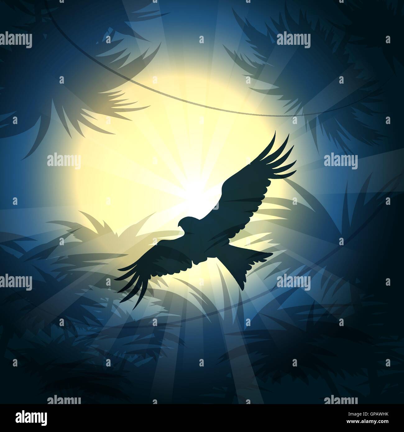 Jagd-Nighthawk fliegt gegen Vollmond über dem Regenwald. Vektor-Illustration. Stock Vektor