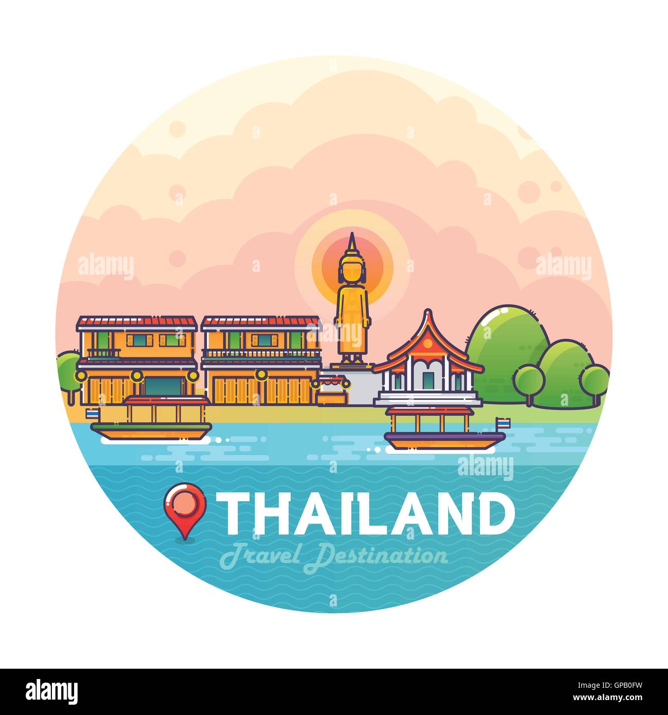 Vektor-Illustration von Thailand Travel Destination bunte detaillierte Skyline für Icon, Banner, Poster, Postkarte. Linearen Stil Stock Vektor