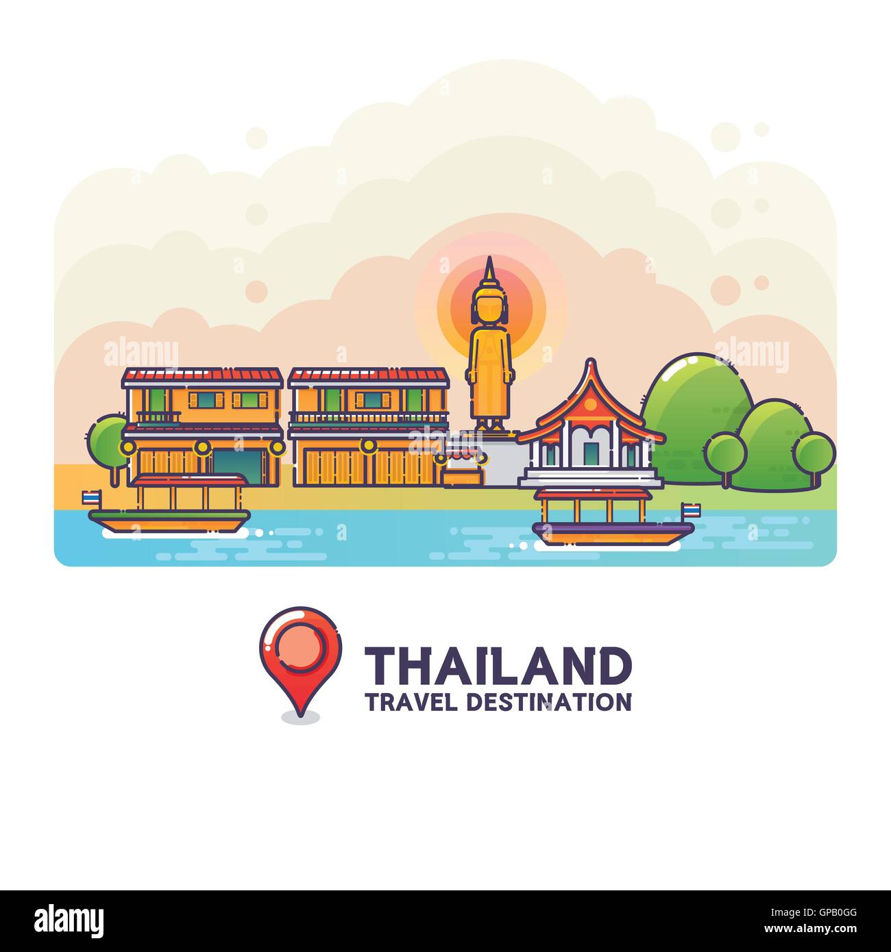 Vektor-Illustration von Thailand Travel Destination bunte detaillierte Skyline für Icon, Banner, Poster, Postkarte. Linearen Stil Stock Vektor