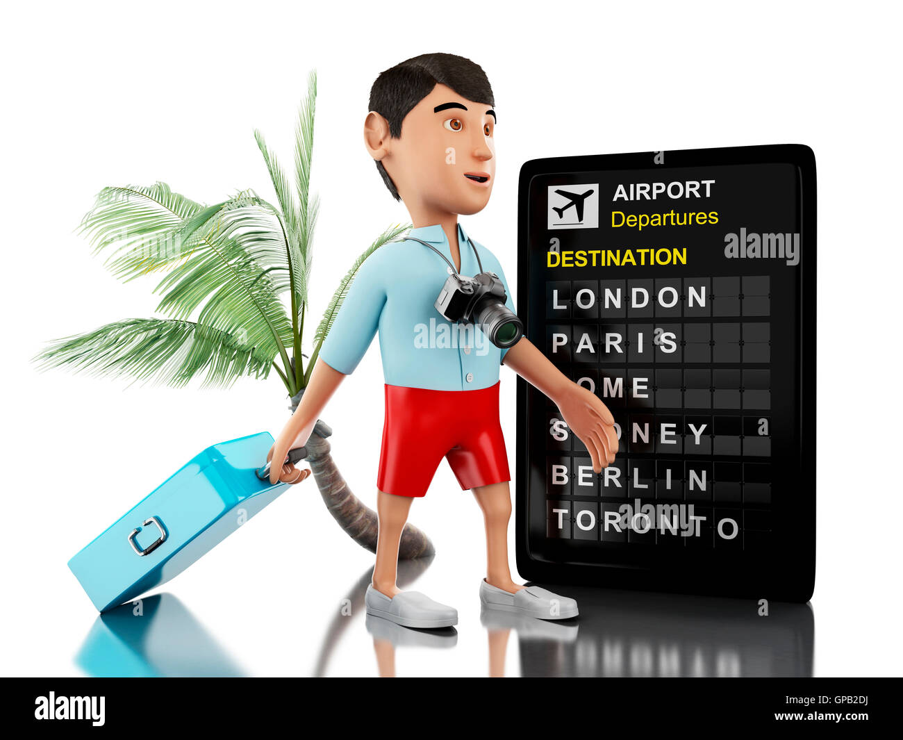 3D Renderer Bild. Mann mit einem Koffer, Kamera und Flughafen-Board geht in Urlaub. Reisekonzept. Isolierten weißen Hintergrund. Stockfoto