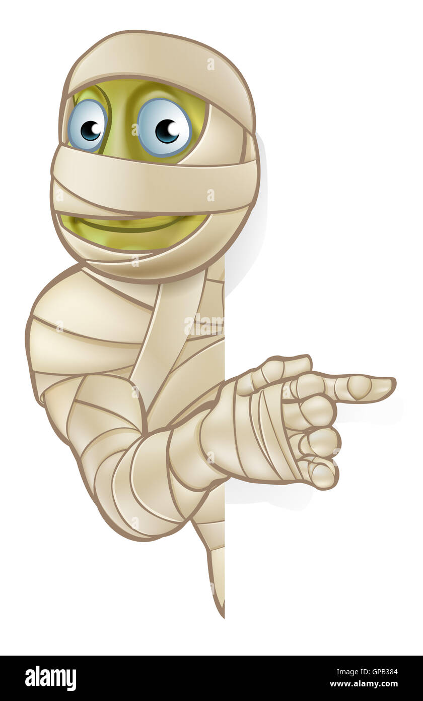 Ein Cartoon Halloween Mumie Charakter spähen um und deutete auf ein Zeichen Stockfoto