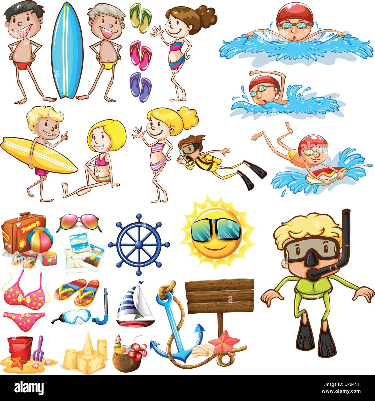 Sommer-set mit Schwimmer und Ausrüstung illustration Stock Vektor