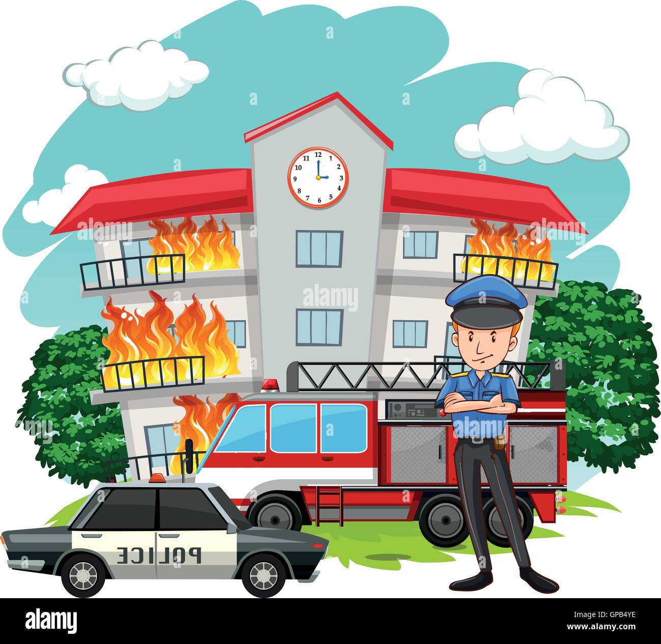 Polizist und Feuer an der Gebäude-Abbildung Stock Vektor