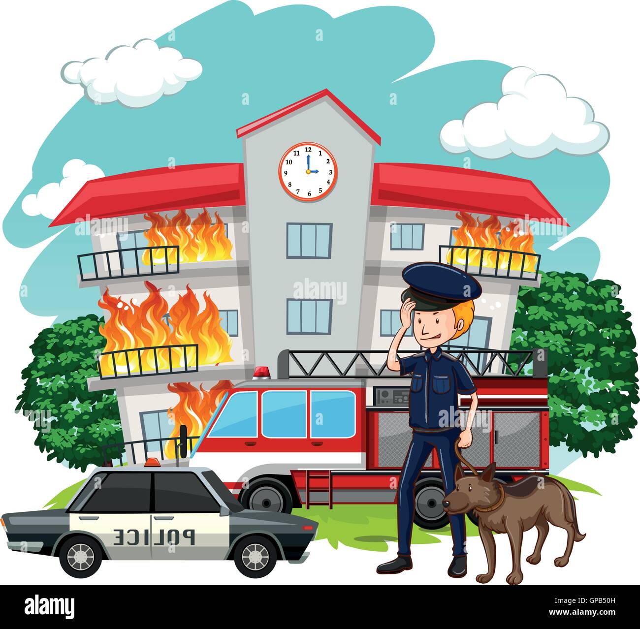 Polizist und Hund am Feuer Szene Abbildung Stock Vektor