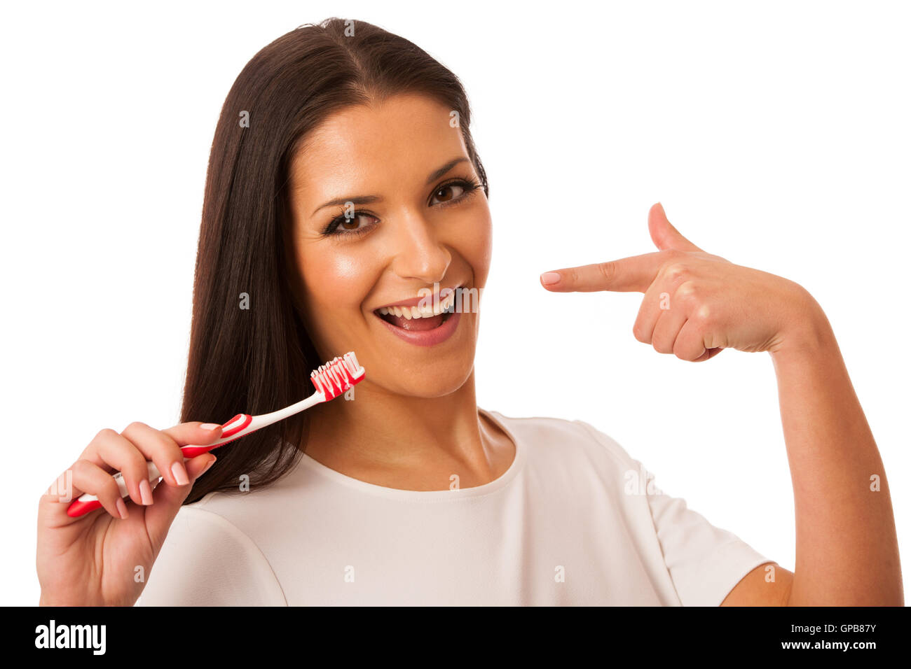 Frau, Reinigung mit Zahnbürste für perfekte Hygiene und gesunde Zähne. Stockfoto