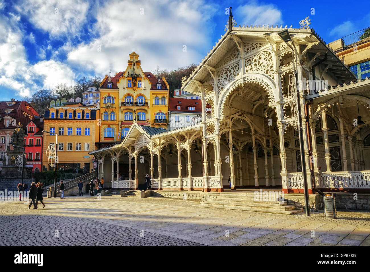 Carlsbad, die berühmte Kurstadt Westböhmen, sehr beliebtes Touristenziel in Tschechien Stockfoto