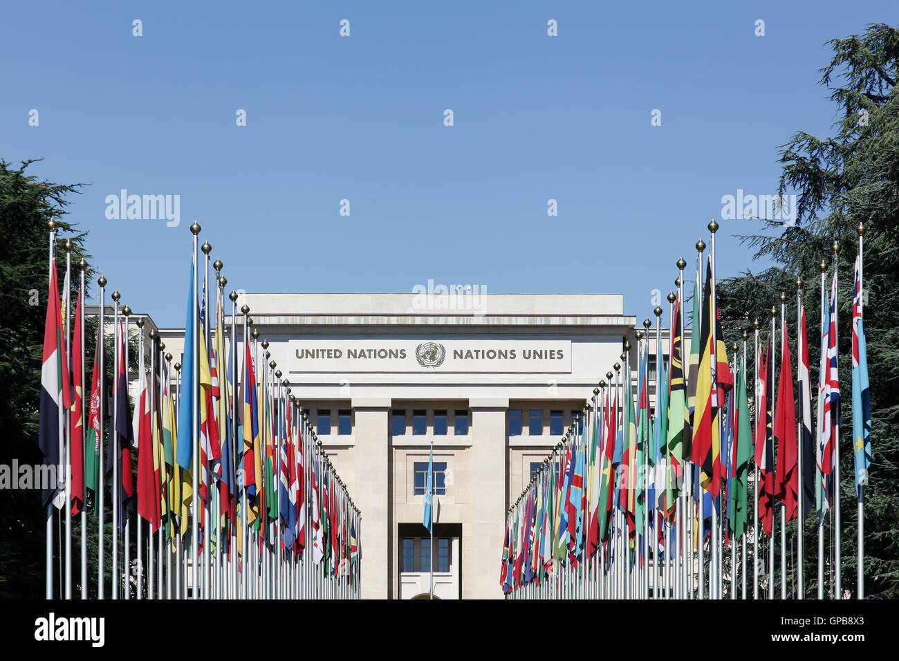Palast der Vereinten Nationen in Genf, Schweiz. Es diente als Sitz des Büros der Vereinten Nationen in Genf seit 1946 Stockfoto