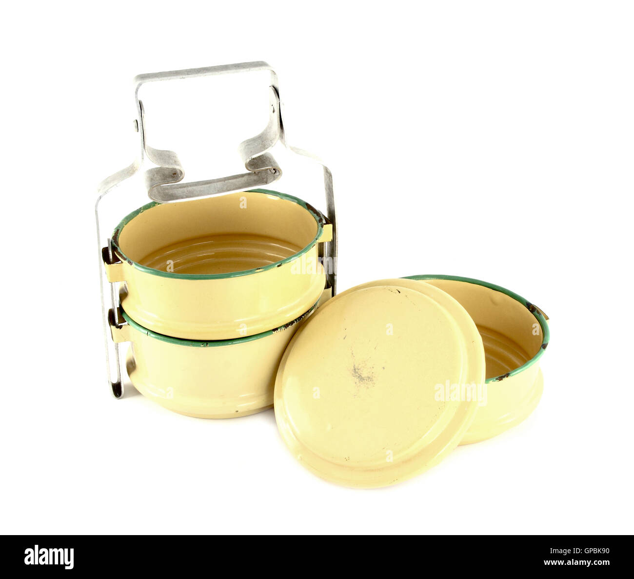 Separate, Metall Tiffin Food Container auf weißem Hintergrund Stockfoto