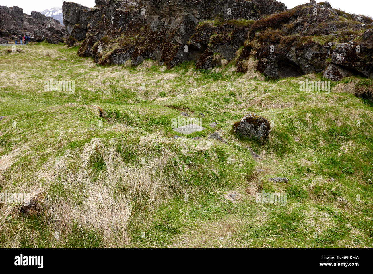 Reste der frühen Besiedlung Gebäude in Thingvellir, Island Stockfoto