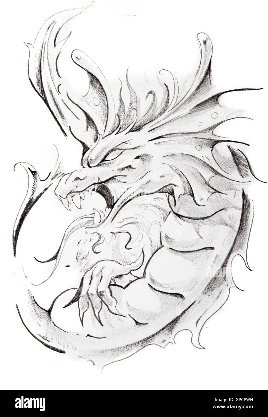 Tattoo Skizze des mittelalterlichen Drachen, handgefertigt Stockfoto