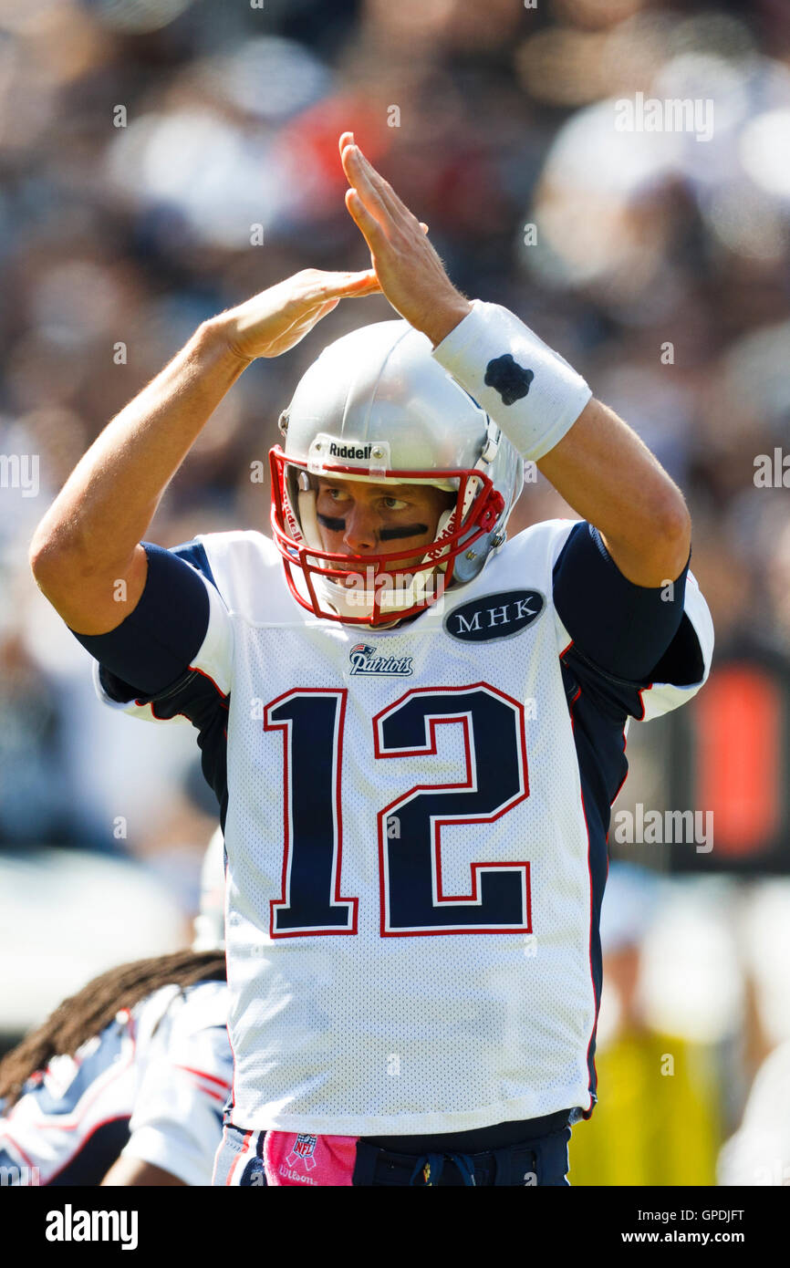 Okt 2, 2011; Oakland, Ca, USA; New England Patriots Quarterback Tom Brady (12), Call Time out gegen die Oakland Raiders im ersten Quartal bei o.co Kolosseum. Stockfoto