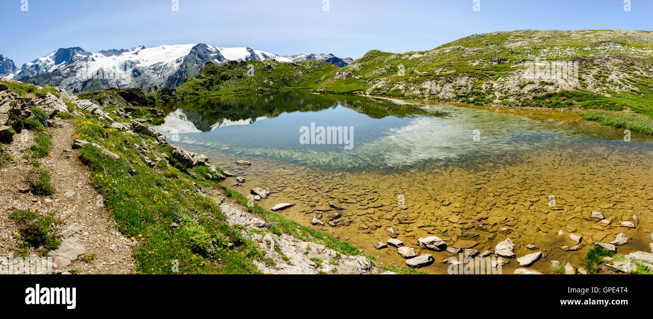 Gletscher la Meije vom Plateau des Emparis mit einem See, Alpen, Frankreich Stockfoto