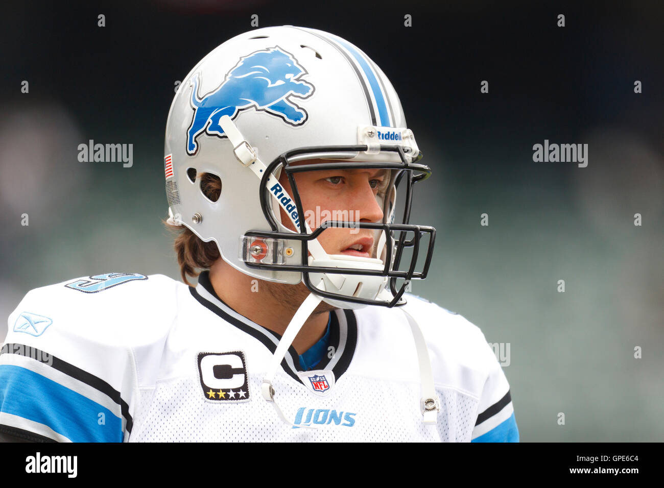 Dez 18, 2011; Oakland, Ca, USA; Detroit Lions Quarterback Matthew Stafford (9) nach dem Aufwärmen vor dem Spiel gegen die Oakland Raiders, bei o.co Kolosseum. Stockfoto