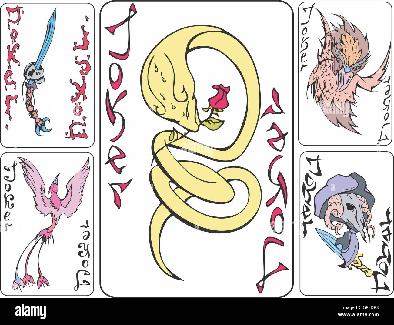 Satz des Spielens Jokerkarten mit Tieren. Vektor-Illustrationen. Stockfoto