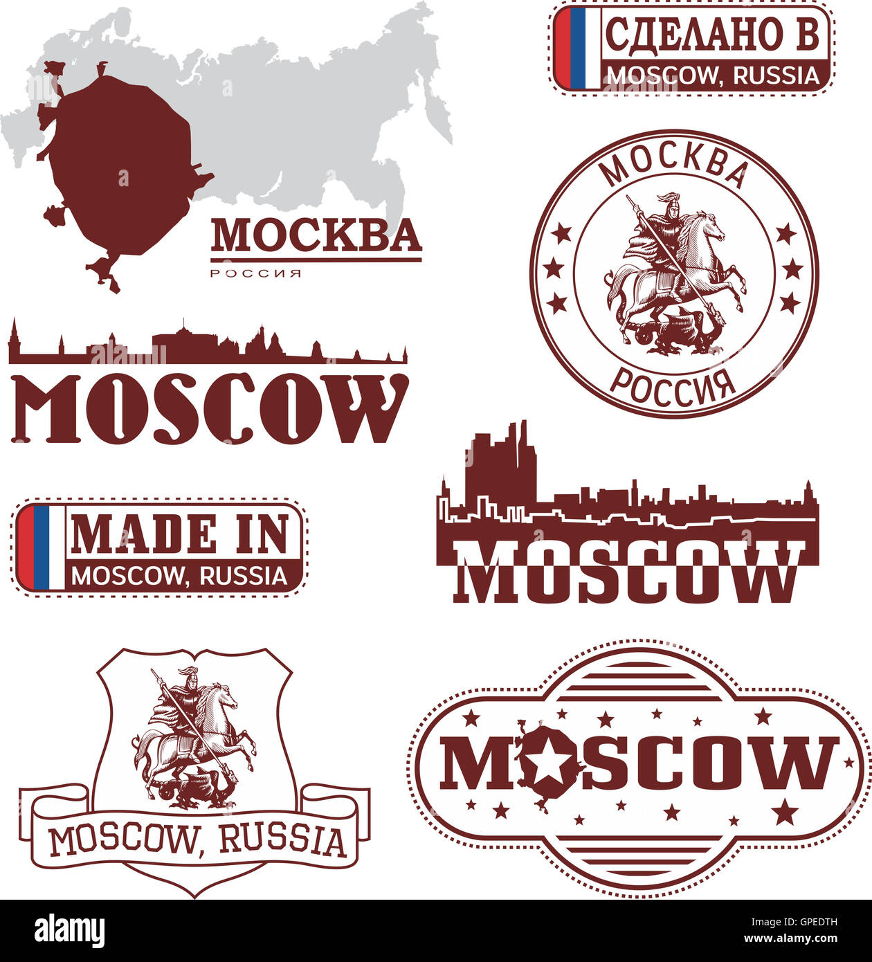 Moskau, Russland - set von Skylines und Embleme. Vektor-Sammlung. Name der Stadt in Englisch und Russisch. Stockfoto
